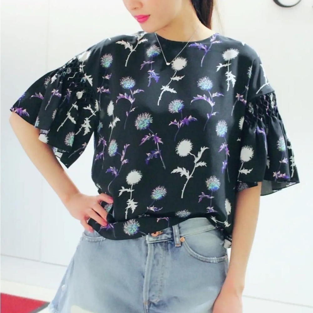 Kenzo Paris / dandelion print silk flutter sleeve Floral crop  Top 44 xl